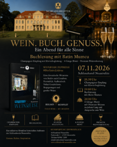 Flyer Wein. Buch. Genuss. im Schlosshotel Neustrelitz am 7. November 2026