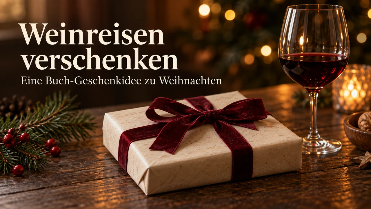 Weihnachtliches Buchgeschenk mit roter Schleife und einem Glas Rotwein – Weinreisen verschenken