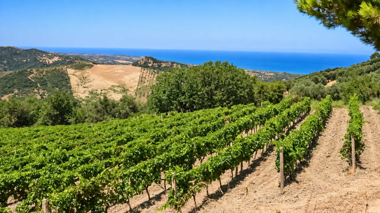 Kalabrische Weinberge an der Küste mit Blick auf das Ionische Meer