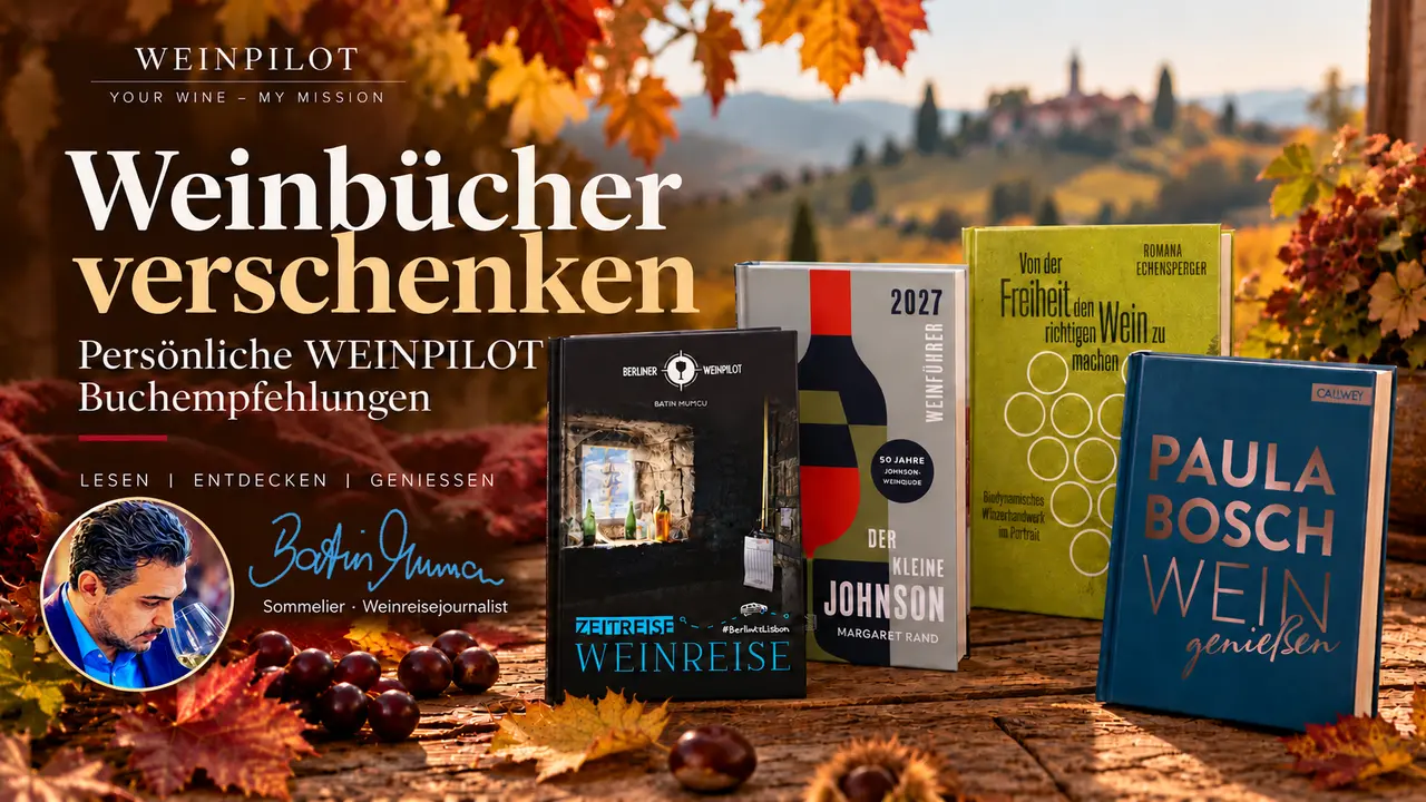Persönliche WEINPILOT-Buchempfehlungen mit vier Buchcovern vor herbstlicher Weinbergkulisse sowie Porträt und blauer Signatur von Batin Mumcu.